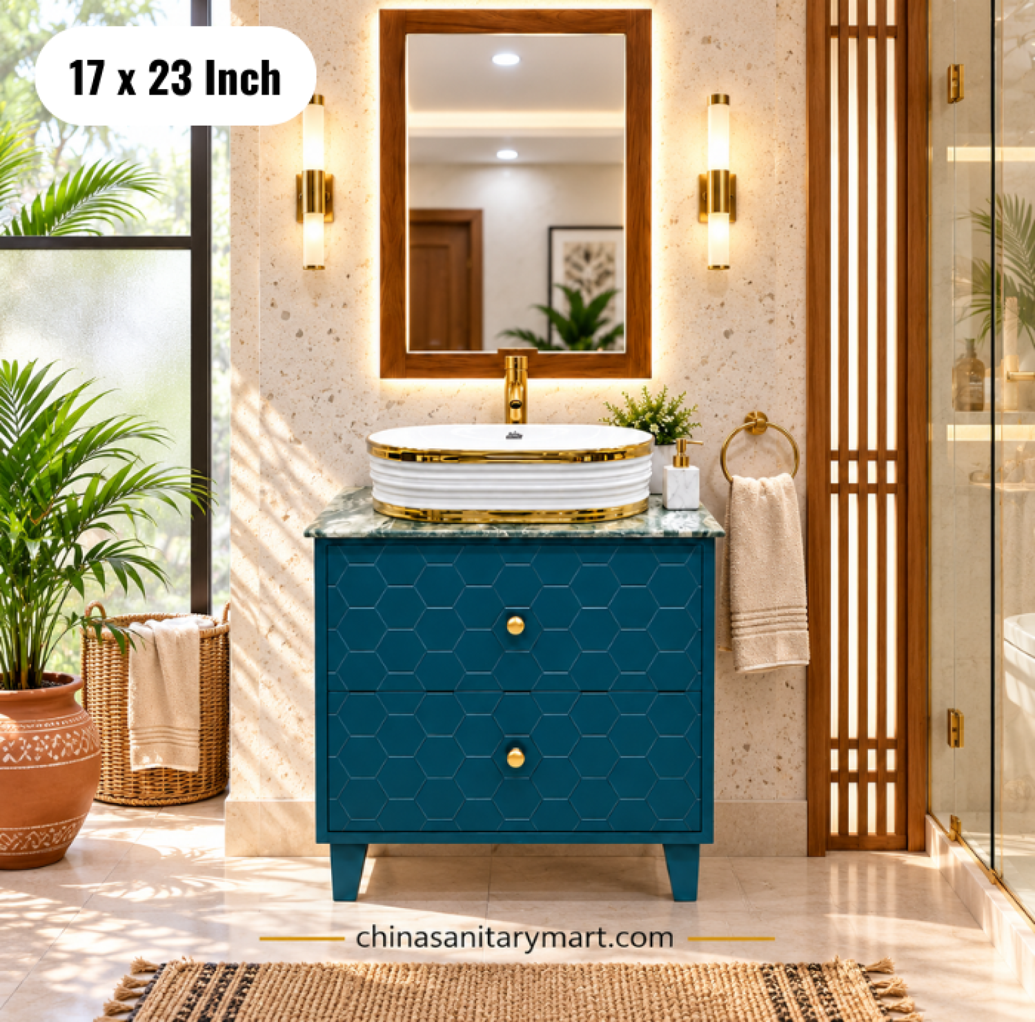 19x27 dark green basin cabinet, dark green bathroom vanity with top basin, green basin cabinet with faucet and mirror, hexagon texture bathroom cabinet, green vanity Bangladesh