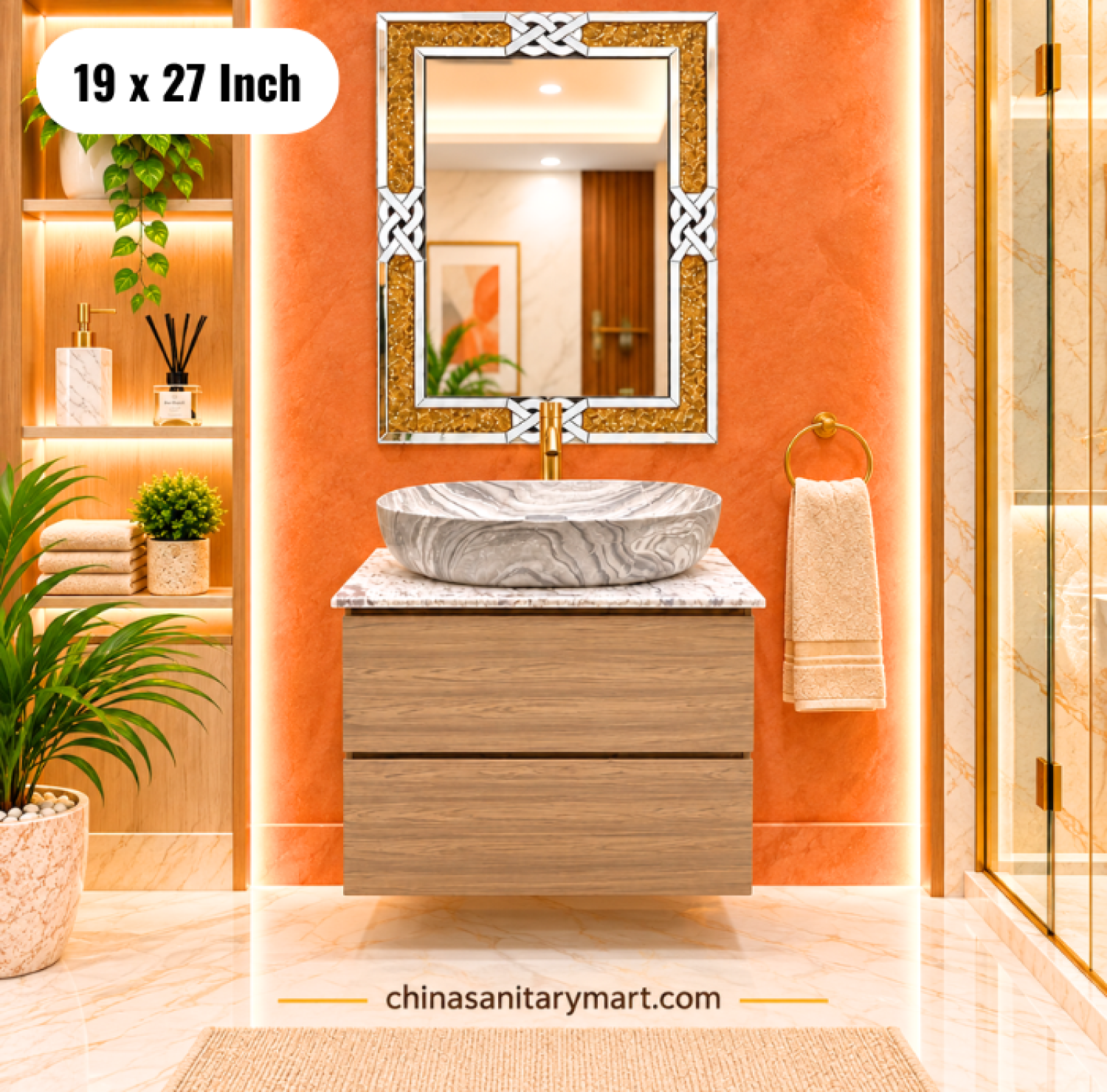 19x27 wooden basin cabinet, wooden bathroom vanity with top basin, marble effect basin cabinet, two drawer vanity, basin cabinet with faucet and mirror