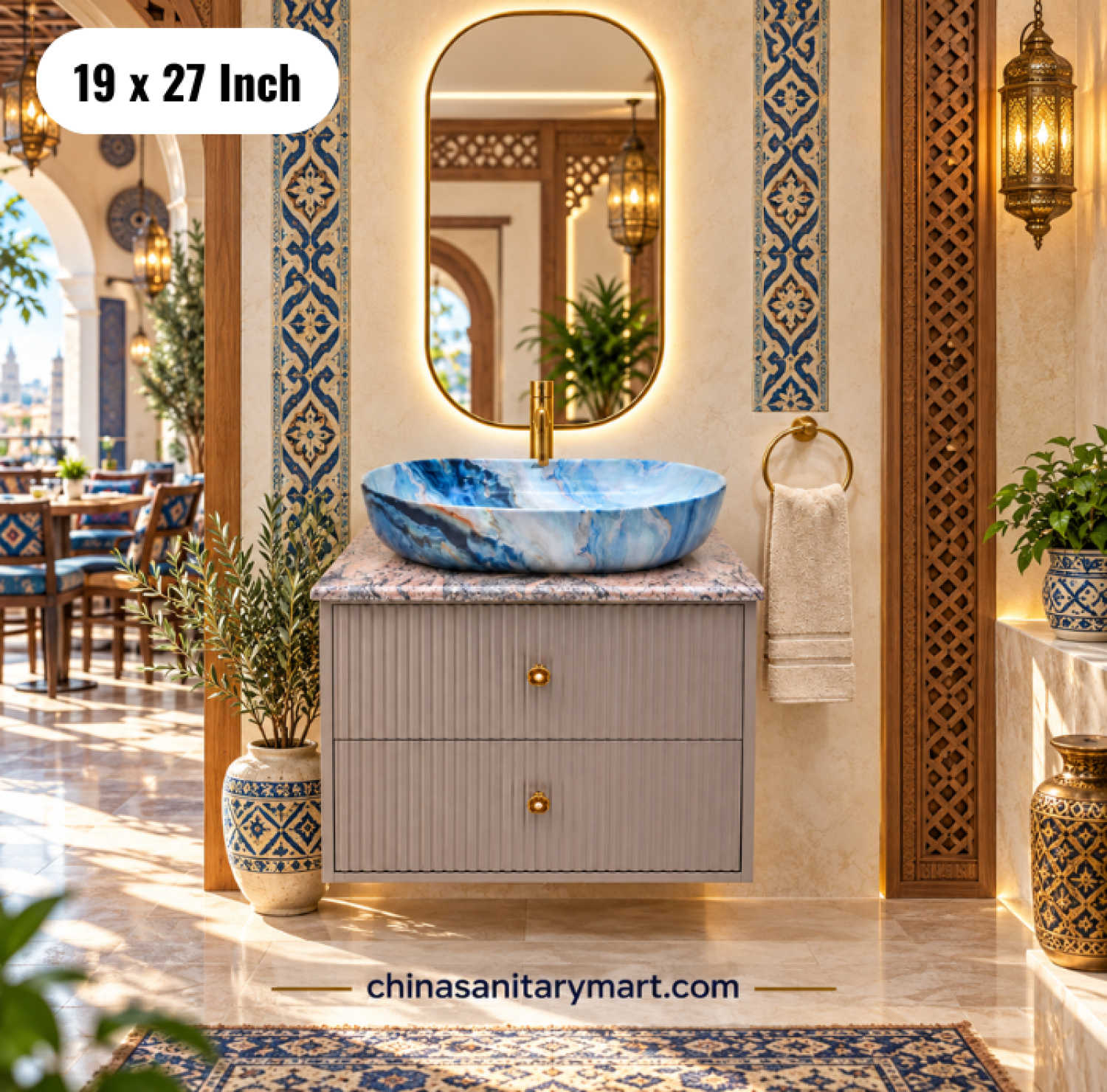 19x27 blue marble basin cabinet, blue marble top basin vanity, bathroom cabinet with faucet, basin cabinet with mirror, blue marble basin cabinet Bangladesh