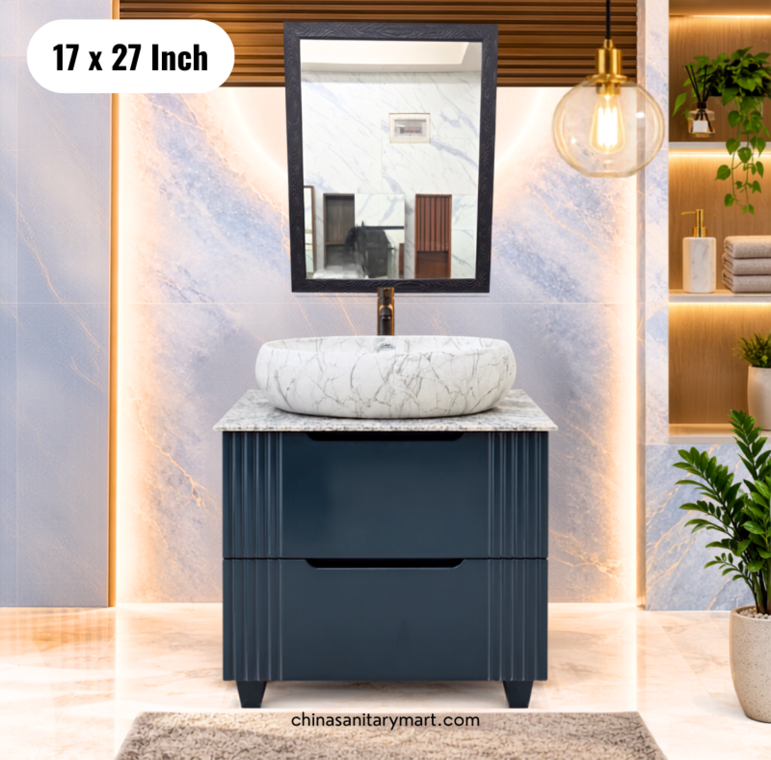 17x27 inch deep blue basin cabinet, top basin vanity set, blue bathroom cabinet with faucet, bathroom vanity with mirror, modern blue basin cabinet