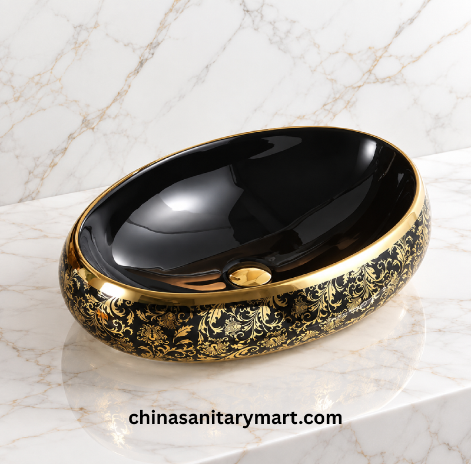 G525A black golden print top basin, 16x24 inch black gold basin, oval countertop wash basin, black golden bathroom basin, luxury designer top basin