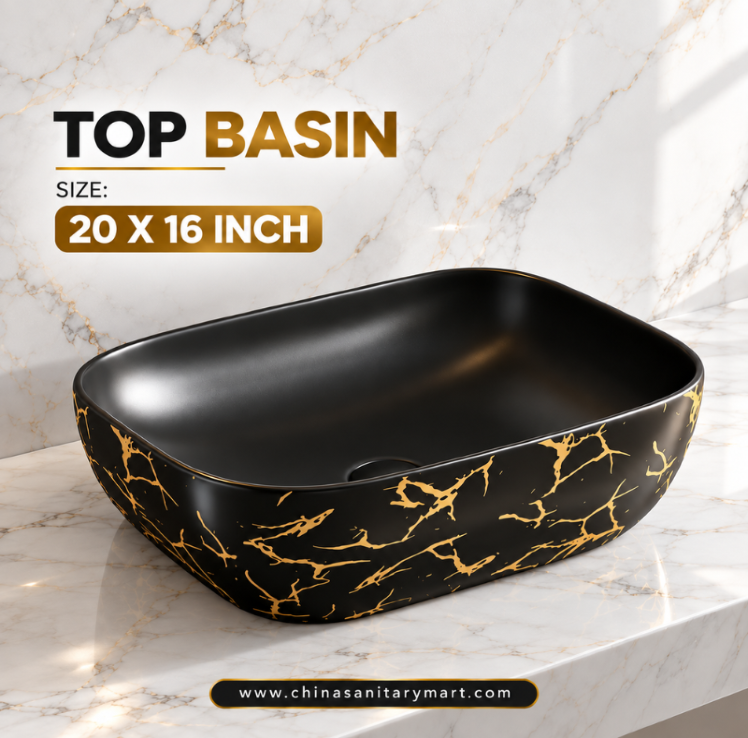 16x20 matte black gold marble top basin, black gold countertop wash basin, matte black marble basin, gold vein bathroom basin, luxury rectangular top basin