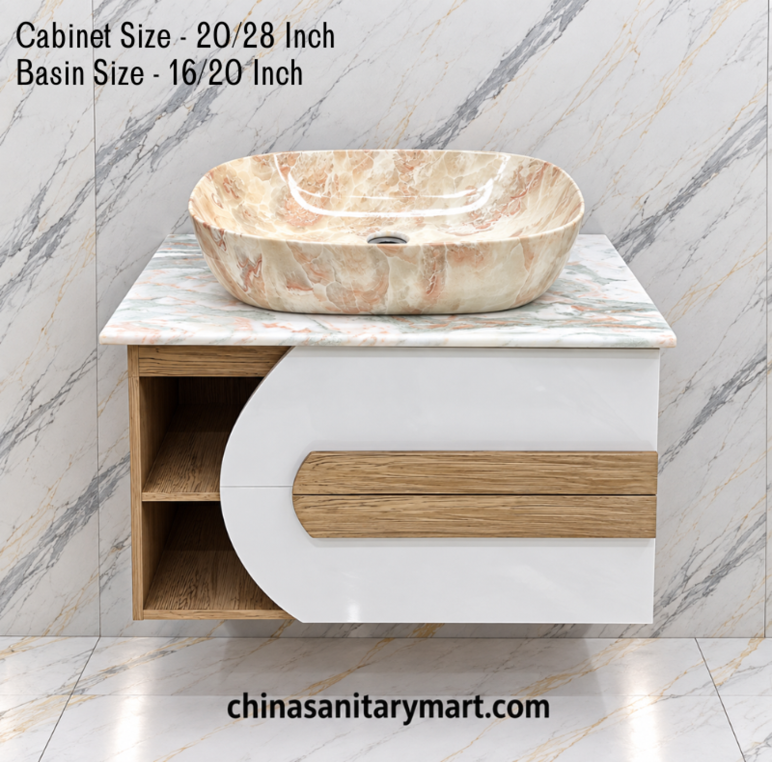 20x28 unique basin cabinet, 16x20 marble Counter Basin, curved bathroom vanity, wooden texture basin cabinet, customizable PVC vanity, marble slab bathroom cabinet