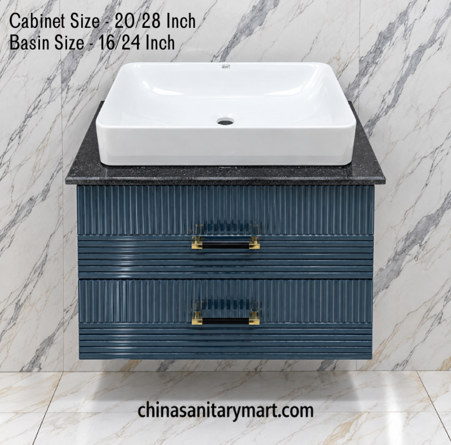 20x28 deep blue basin cabinet, 16x24 white Counter Basin, blue bathroom vanity, two drawer basin cabinet, customizable PVC vanity, black marble slab cabinet