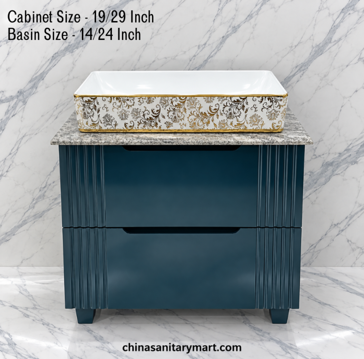 19x29 deep blue basin cabinet, 14x24 decorative counter basin, fluted blue bathroom vanity, two drawer basin cabinet, customizable PVC vanity, white gold counter basin