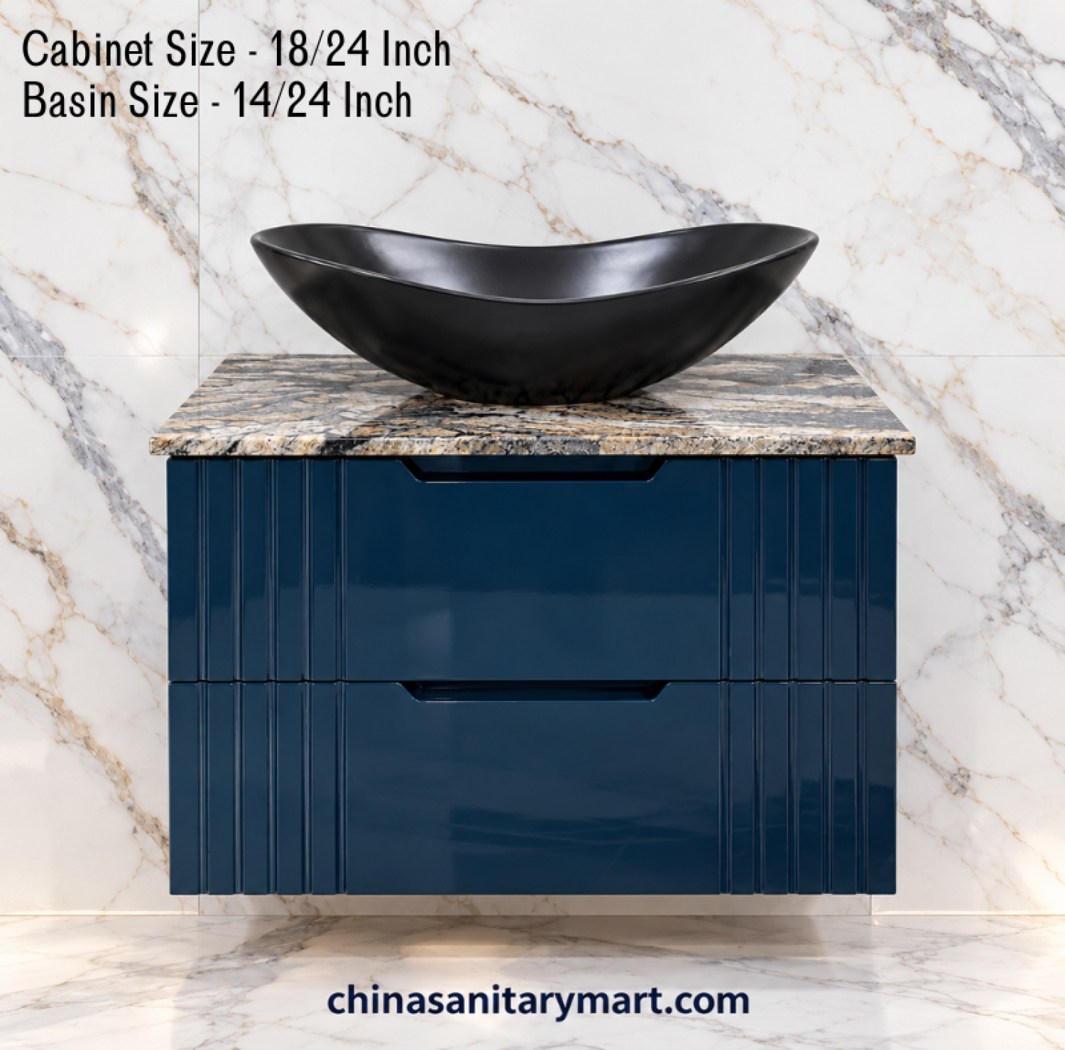 18x24 black basin cabinet, 14x24 matte black top basin, black bathroom vanity, fluted two drawer cabinet, customizable PVC vanity, marble slab basin cabinet