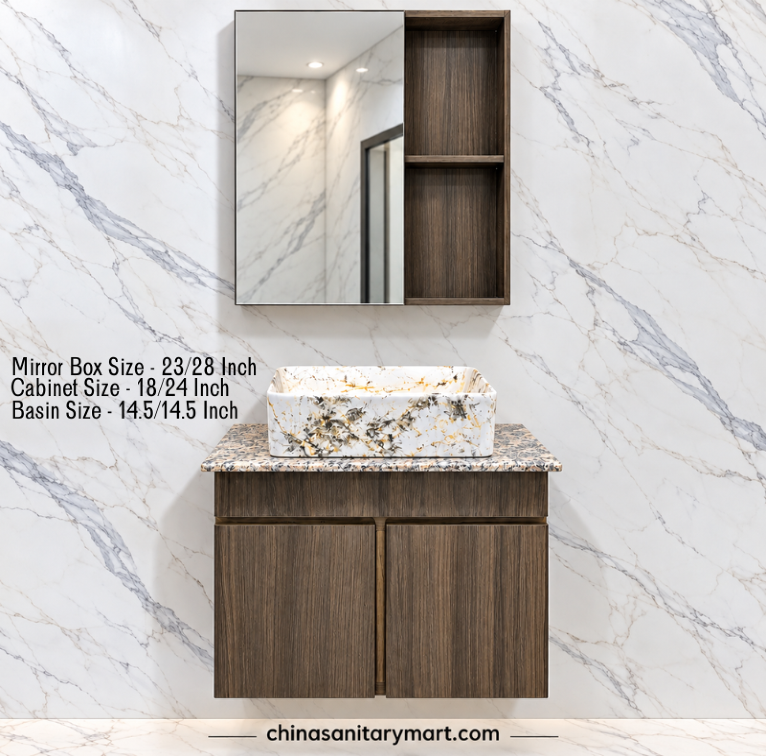 18x22 wooden basin cabinet, 14.5x14.5 marble top basin, 23x28 wooden box mirror, wooden bathroom vanity, customizable PVC cabinet, bathroom mirror storage