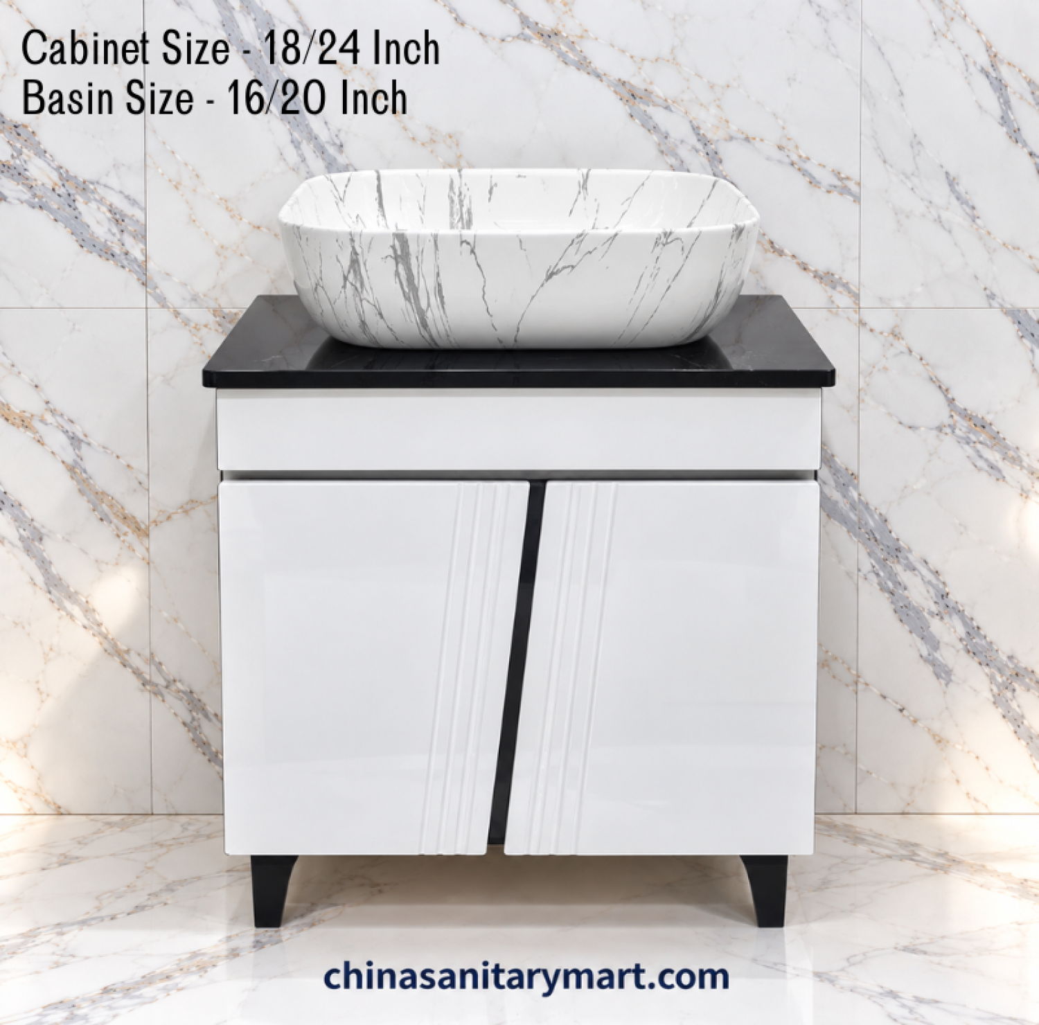 18x24 black white basin cabinet, 16x20 marble top basin, black white bathroom vanity, grooved door cabinet, customizable PVC basin cabinet, white grey marble basin