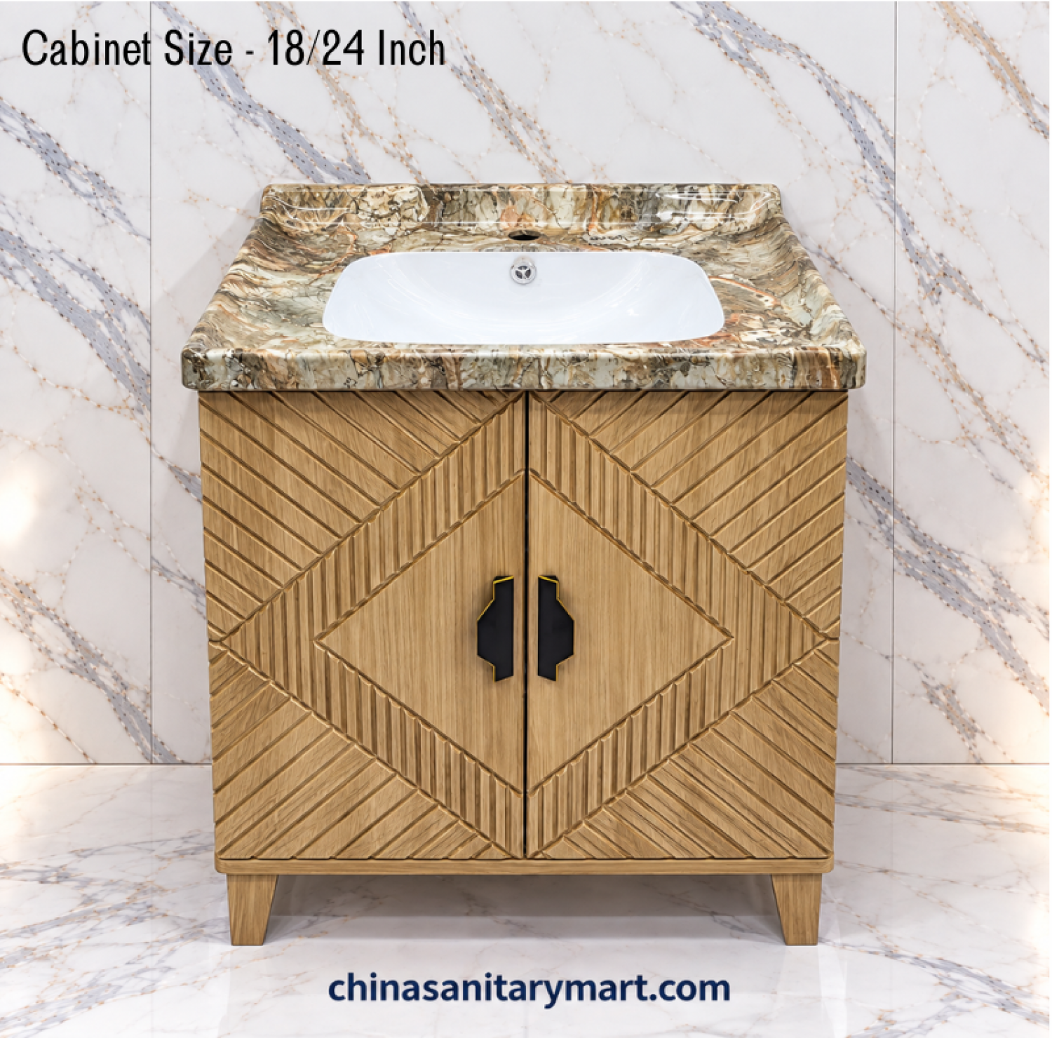 18x24 wooden texture basin cabinet, green marble integrated basin, geometric wooden bathroom vanity, two door basin cabinet, customizable PVC bathroom cabinet, marble shed integrated basin