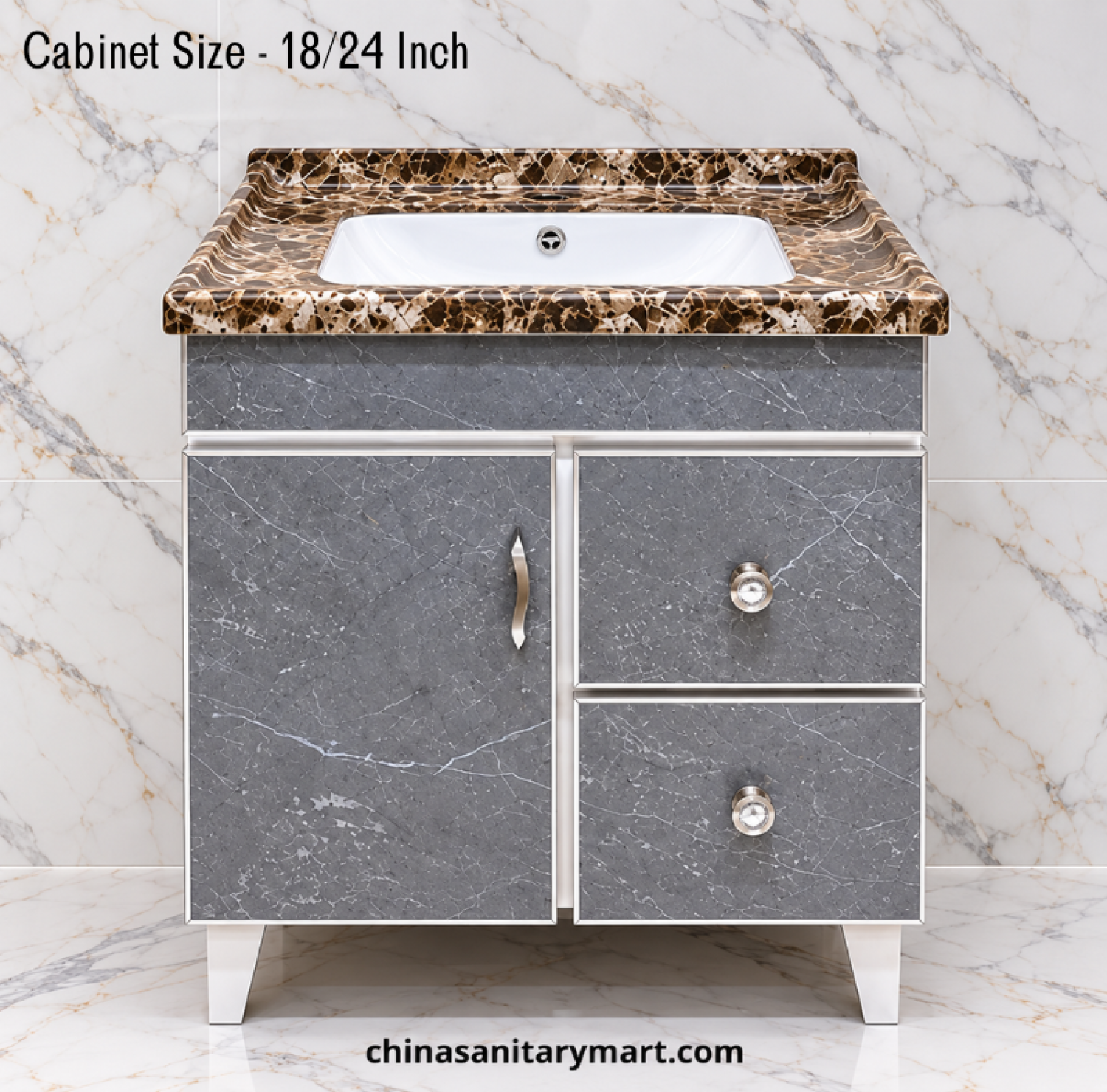 18x24 grey marble basin cabinet, dark brown marble integrated basin, grey marble bathroom vanity, one door two drawer cabinet, customizable PVC basin cabinet, marble shed integrated basin
