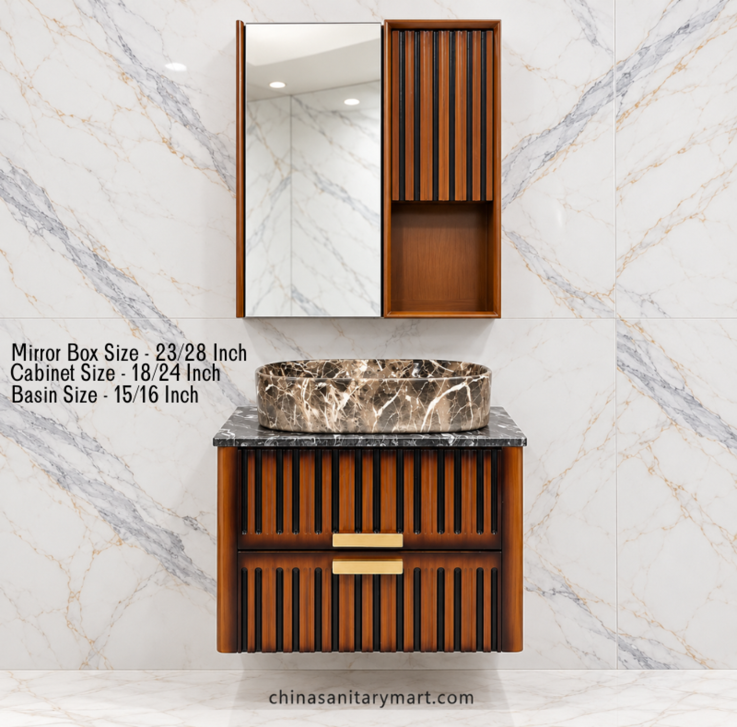 18x24 wooden basin cabinet, 15x16 marble top basin, 23x28 wooden box mirror, slatted bathroom vanity, wooden texture cabinet, customizable PVC basin cabinet