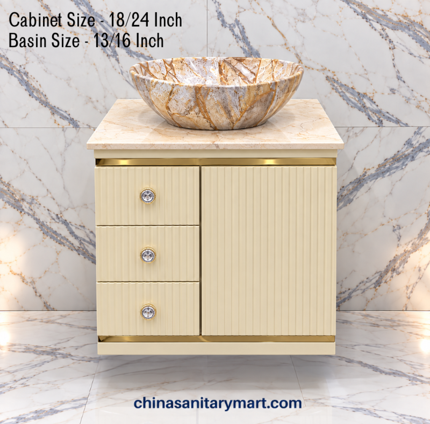 18x24 off white basin cabinet, 13/16 marble top basin, fluted bathroom vanity, three drawer basin cabinet, customizable PVC cabinet, gold accent bathroom vanity