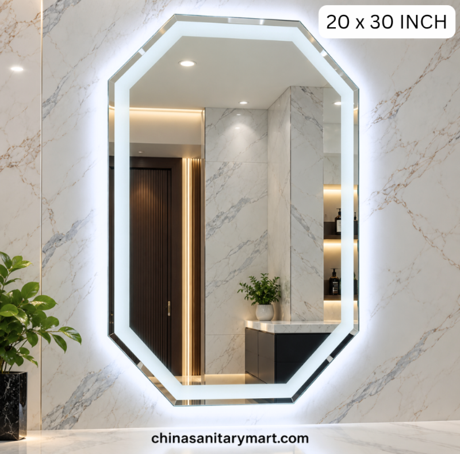 20x30 octagon LED mirror, beveled octagon mirror, frosted inside LED mirror, octagon bathroom mirror, designer LED vanity mirror, modern wall mirror