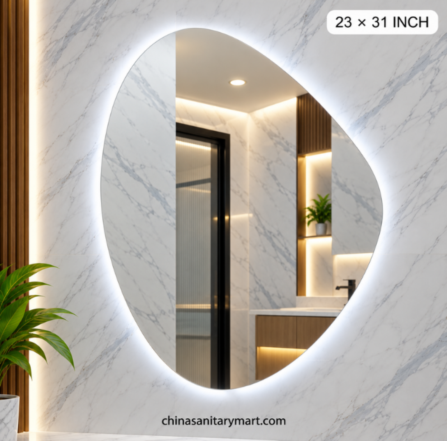 23x31 unique LED mirror, asymmetrical bathroom mirror, unique shape wall mirror, designer LED vanity mirror, curved LED mirror, modern illuminated bathroom mirror