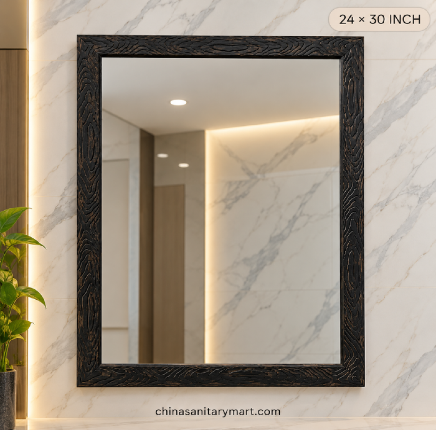 24x30 black wooden texture mirror, black rectangle frame mirror, wooden texture bathroom mirror, black vanity mirror, rectangular wall mirror, black wood grain frame mirror