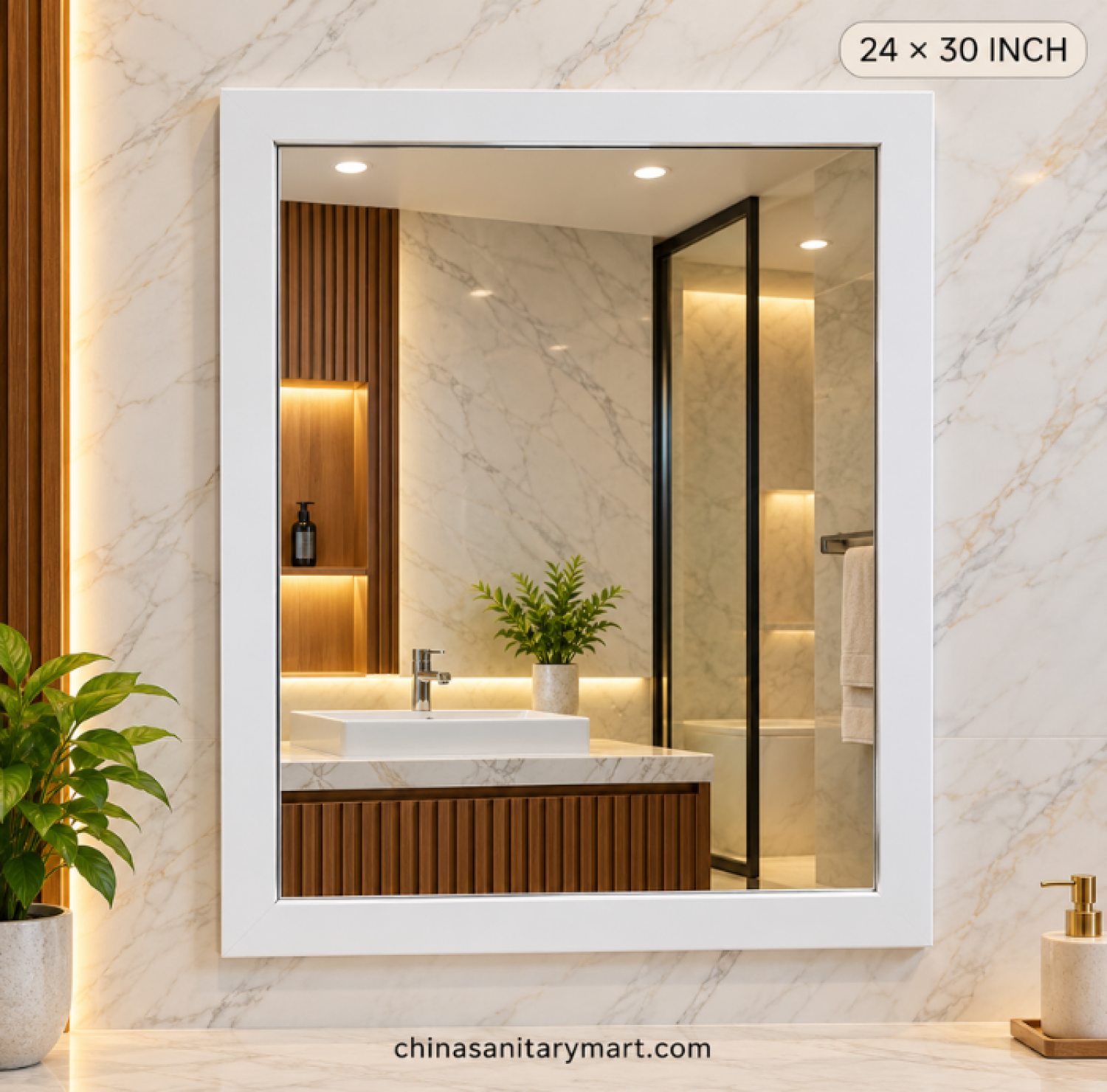 24x30 white frame mirror, white rectangle bathroom mirror, rectangular vanity mirror, white frame wall mirror, 24x30 inch dressing mirror, modern white frame mirror