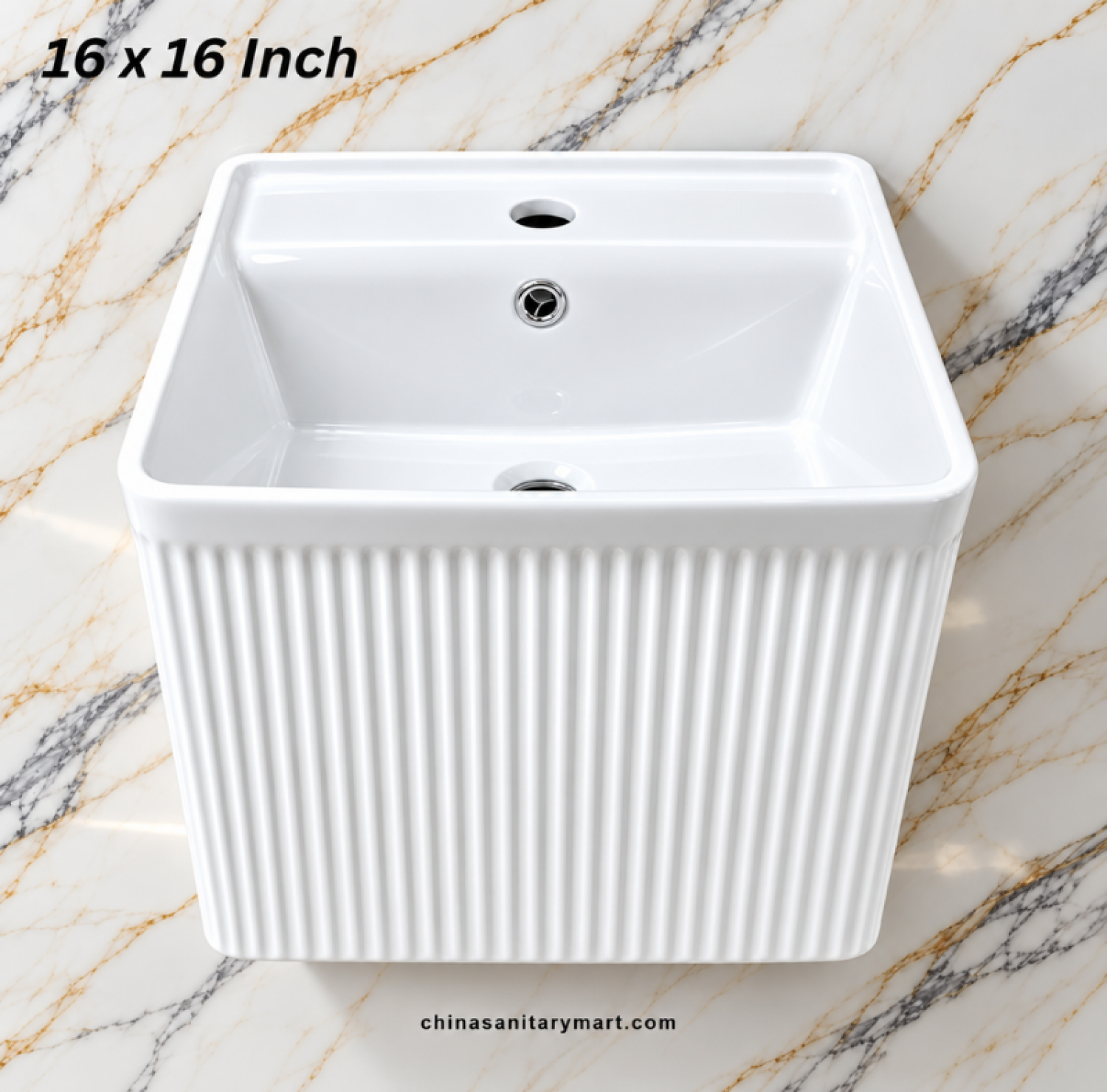 IS-WB003 16x16 white Wall Hung basin, square shape bathroom basin, glossy white fluted basin, vertical grooveWall Hung basin, modern square vanity basin
