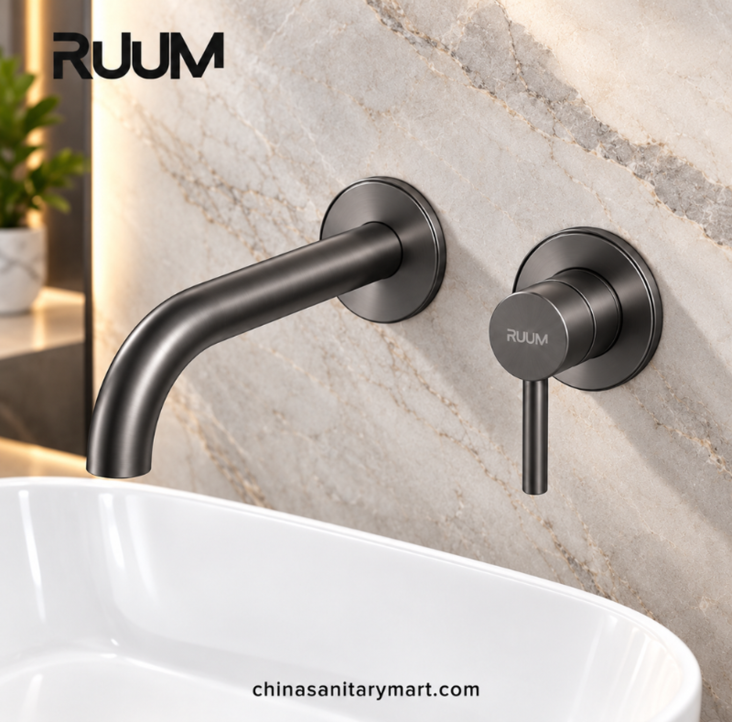 RUUM wall mount swivel basin mixer gunmetal grey, gunmetal grey wall mounted faucet, curved spout basin mixer, single lever bathroom tap, modern gunmetal bathroom faucet