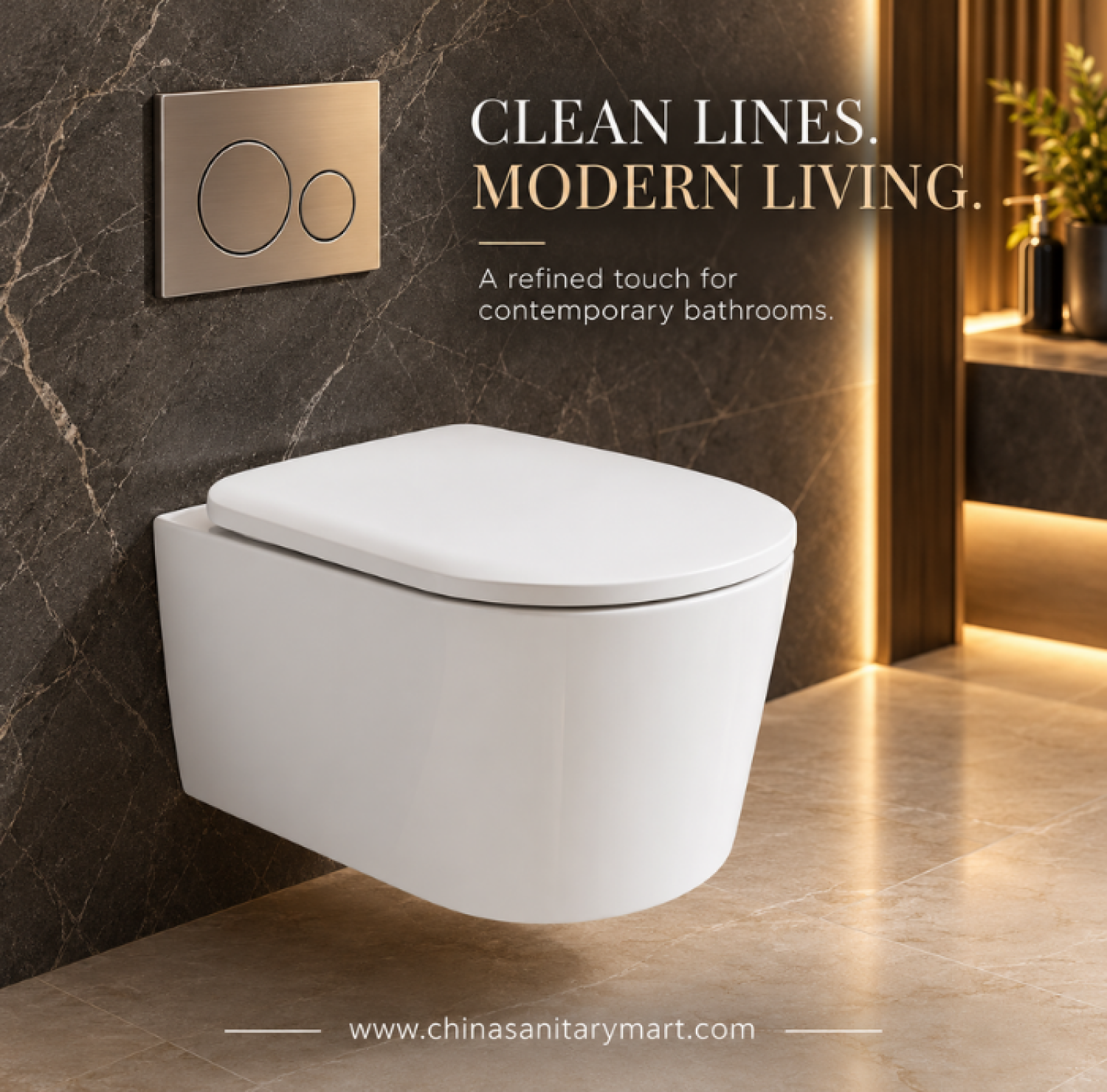 W-8305 wall hung commode, glossy white wall mounted toilet, modern ceramic wall hung toilet, space saving bathroom commode, concealed cistern toilet, China Sanitary Mart