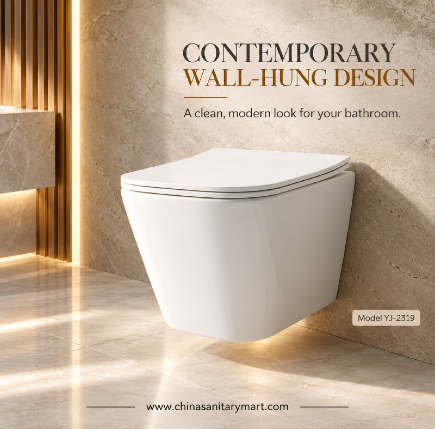 YJ-2319 wall hung commode, glossy white wall mounted toilet, modern ceramic wall hung toilet, space saving bathroom commode, concealed cistern toilet, China Sanitary Mart