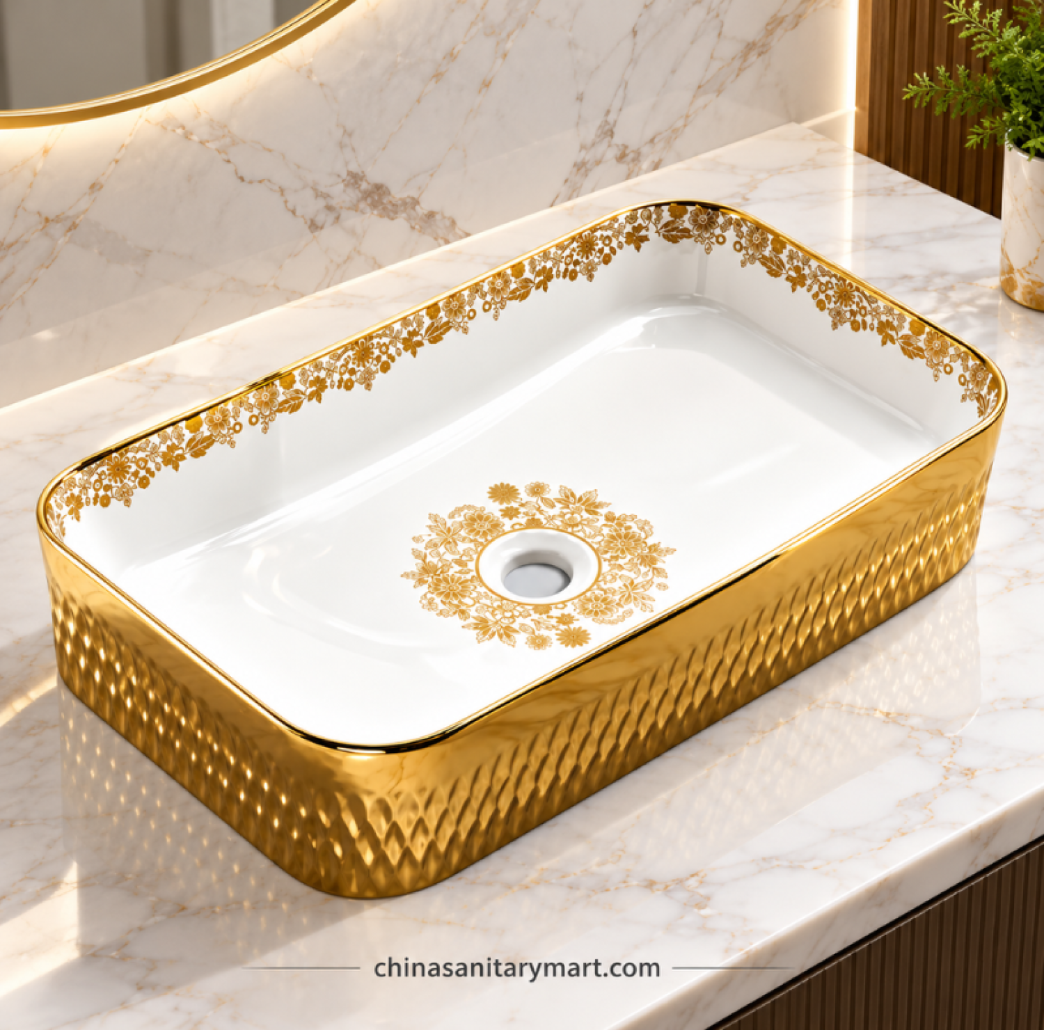 W-637DG 14x24 inch top basin, white and gold designer wash basin, golden floral ceramic basin, textured gold tabletop basin, luxury rectangular bathroom basin
