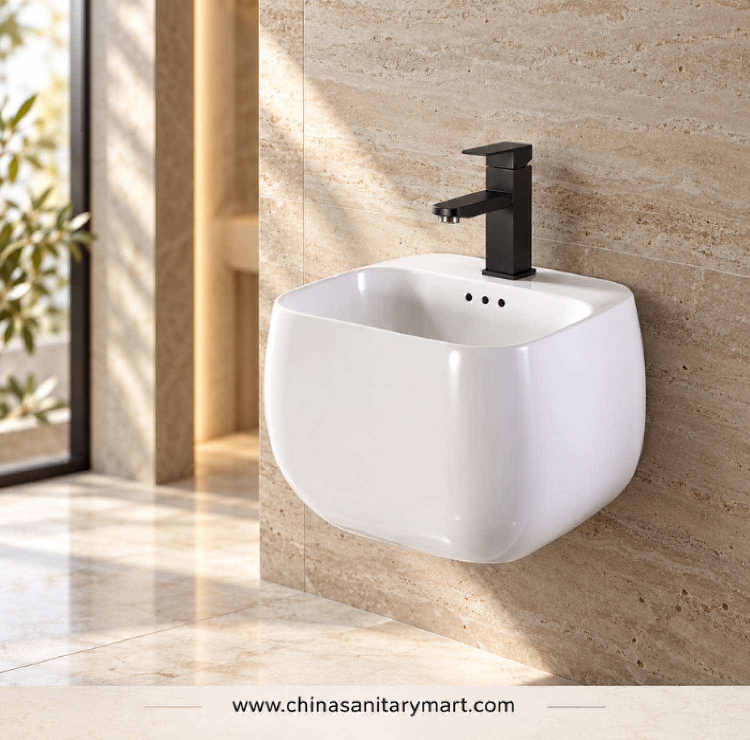 W-2002 16x16 inch wall hung basin, glossy white wall mounted wash basin, rounded rectangular ceramic basin, modern wall mounted bathroom sink, white bathroom basin with faucet holes