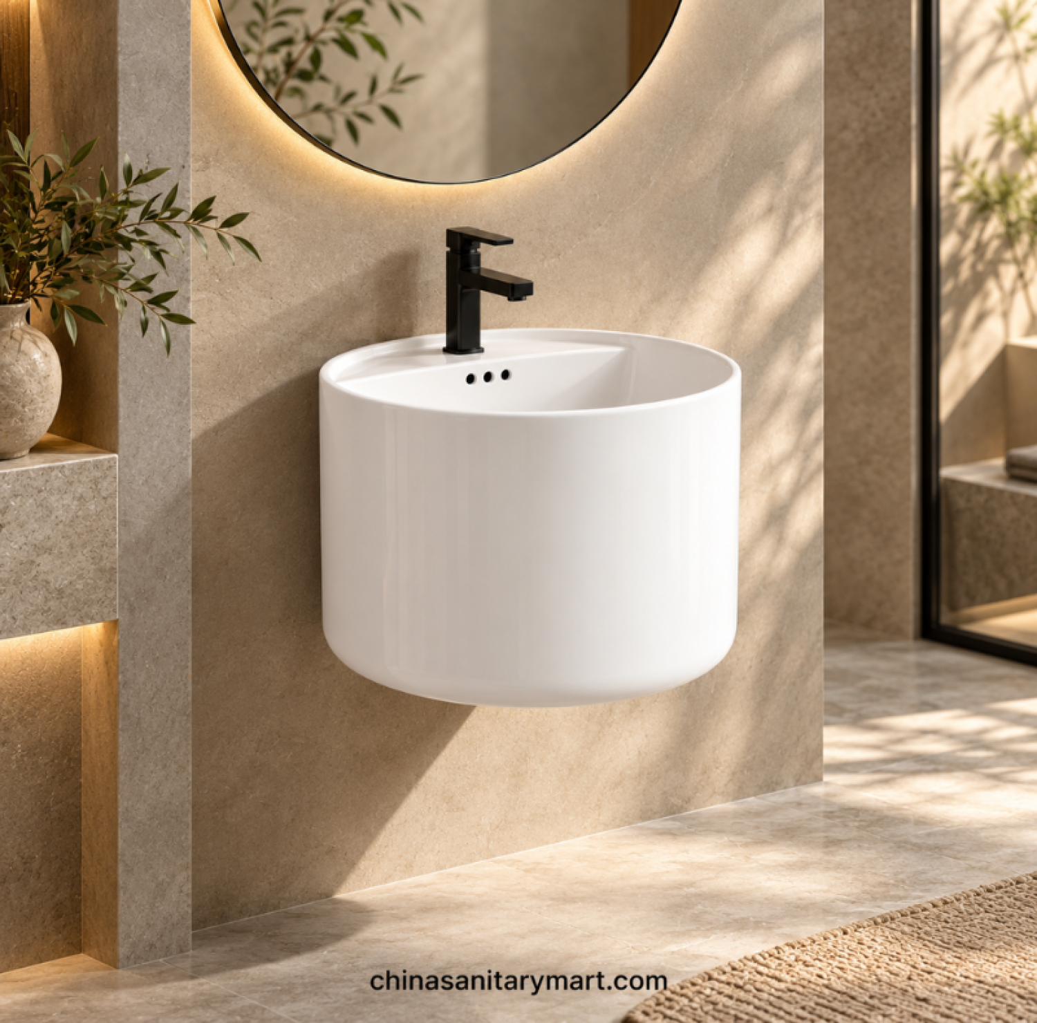 W-B-173 18x18 inch wall hung basin, round column-shaped white basin, glossy ceramic wall mounted wash basin, modern round bathroom basin, space saving wall hung basin