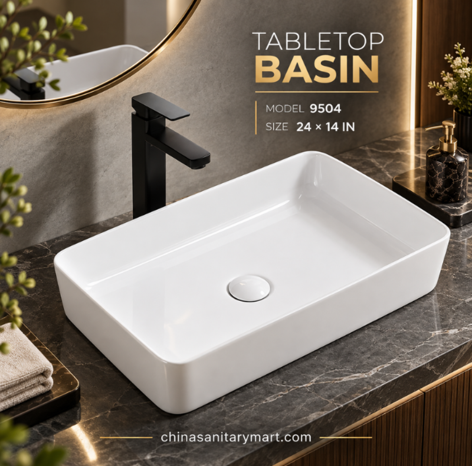W-9504 24x14 inch tabletop basin, rectangular white ceramic wash basin, glossy countertop basin, modern bathroom vanity basin, 24 inch rectangular wash basin
