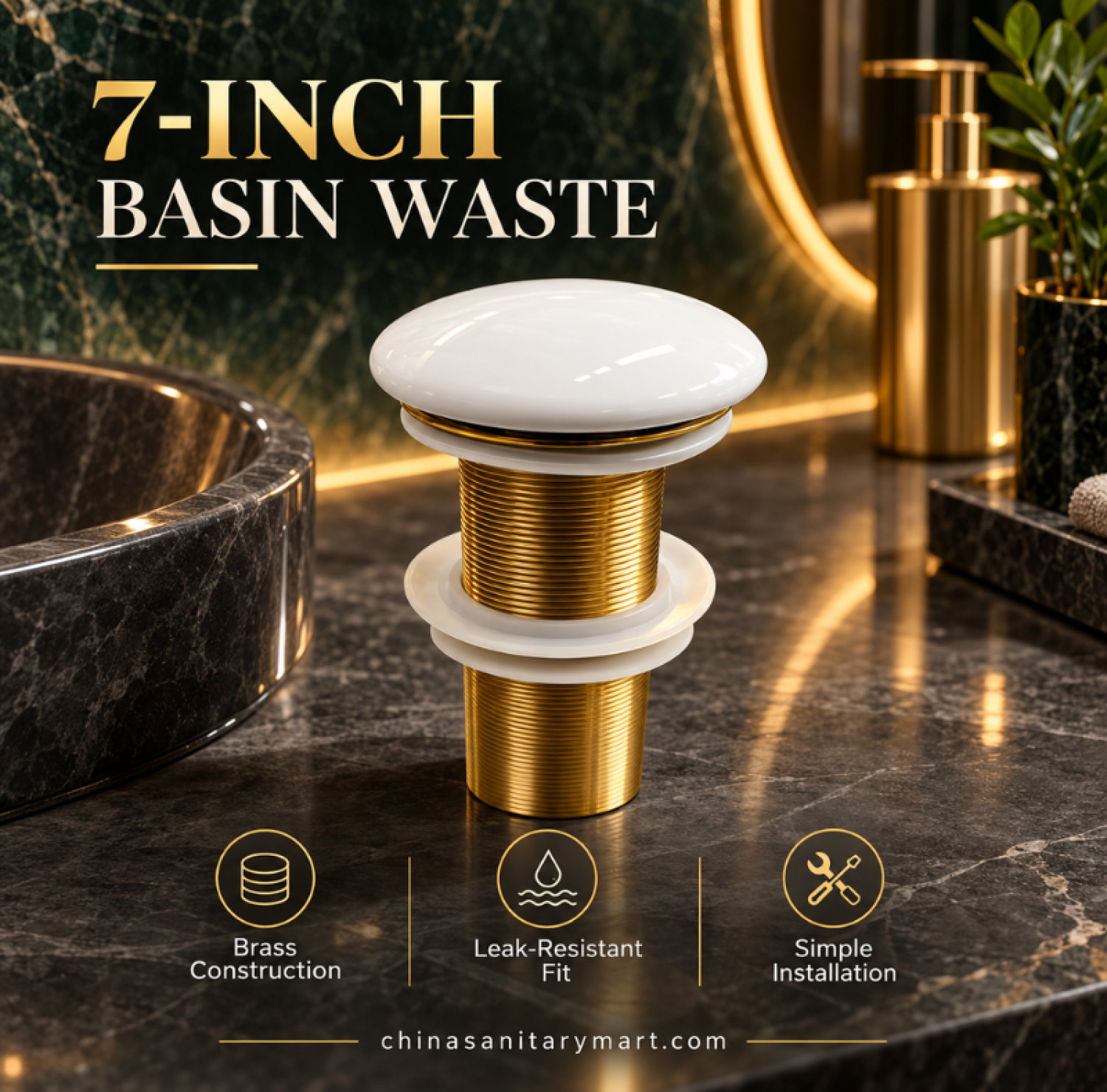 7 inch W-Model brass white pop up basin waste, white top basin drain, brass pop up wash basin waste, bathroom drainage fitting, white basin waste accessory