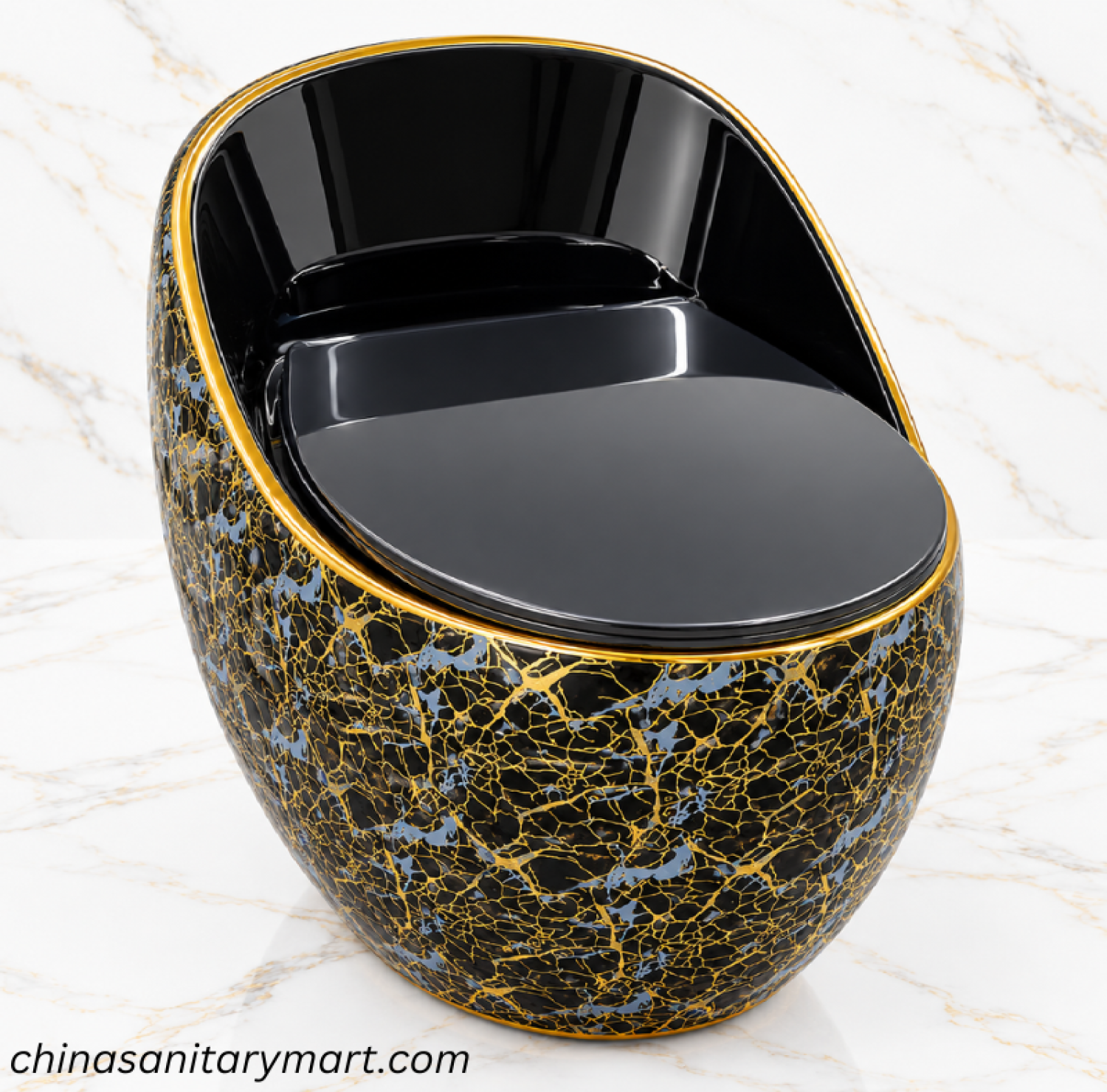 Ori black marble shed commode, black and gold marble effect commode, luxury black toilet, glossy black commode with gold pattern, designer bathroom sanitaryware