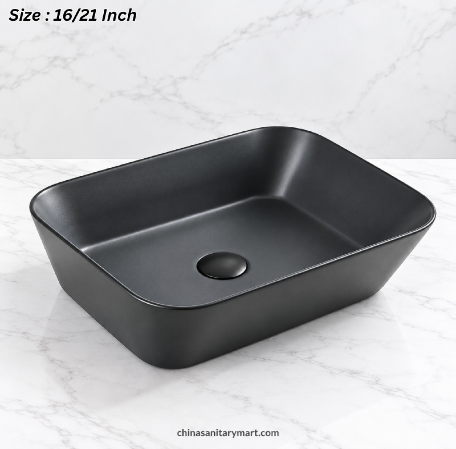A160B black top basin, 16×21 inch rectangular wash basin, black countertop basin, modern black bathroom basin, 6 inch high black top basin