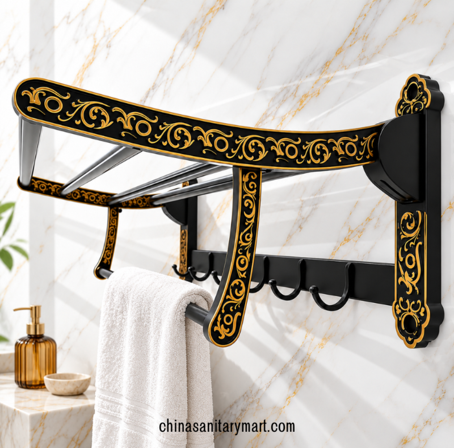 black and golden towel rack, black gold bathroom towel holder with hooks, decorative multi-level towel rack, luxury bathroom towel organizer, black towel rack with golden patterns