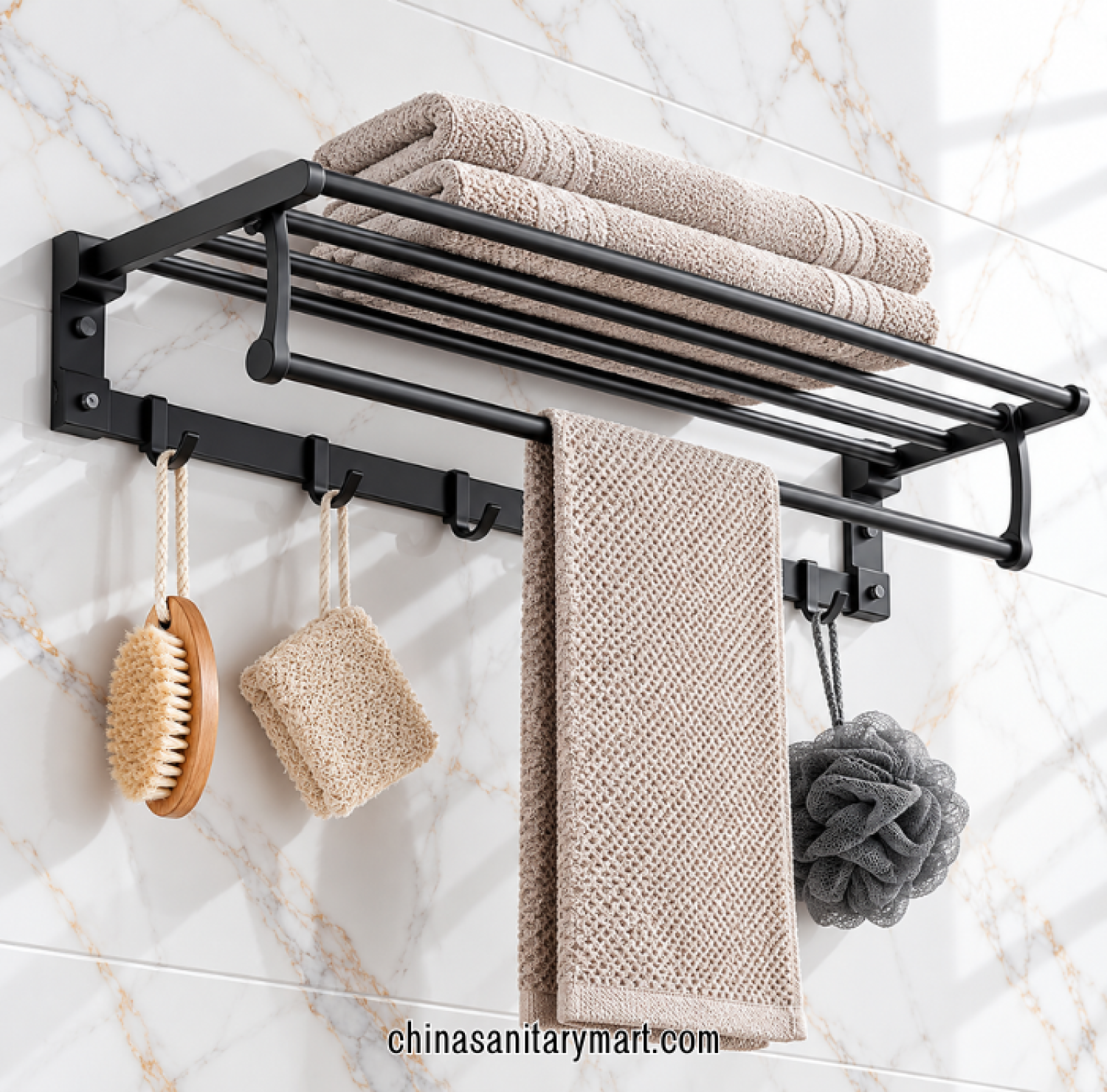 black towel rack, matte black wall mounted towel rack, bathroom towel rack with multiple bars, black towel holder with hooks, foldable bathroom towel organizer