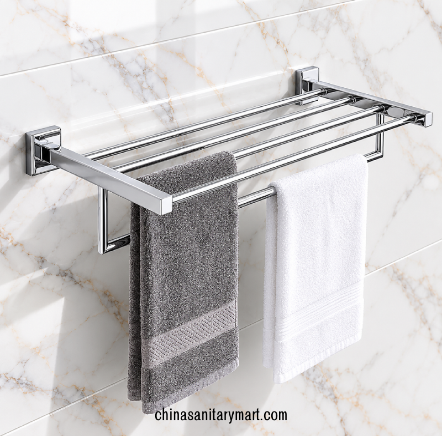 square towel rack CP, polished chrome bathroom towel rack, towel rack with upper shelf, chrome towel holder with hanging bar, modern bathroom towel storage rack