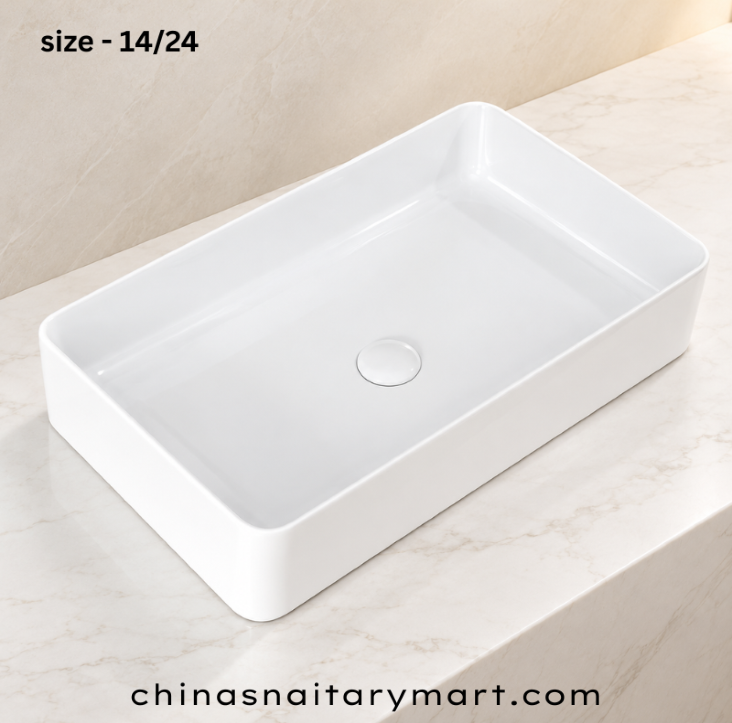 IS-A3068 14 × 24 Inch White Marble Top Basin with premium ceramic construction, glossy white finish, rectangular countertop design, spacious wash bowl, scratch-resistant surface, and modern luxury bathroom for residential and commercial use.
