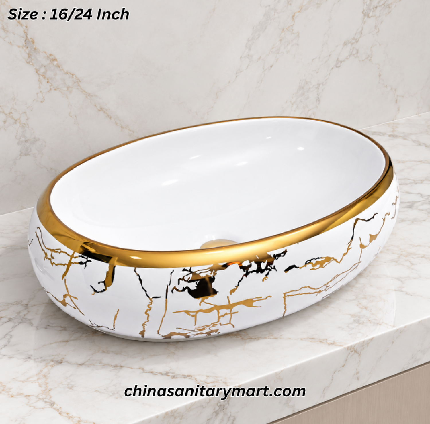 White egg shape basin, 24x16 vessel basin, gold pattern ceramic basin, luxury art basin, modern bathroom washbasin, designer vanity basin, elegant white basin, high-end vessel basin, bathroom decor, contemporary bathroom fixtures.