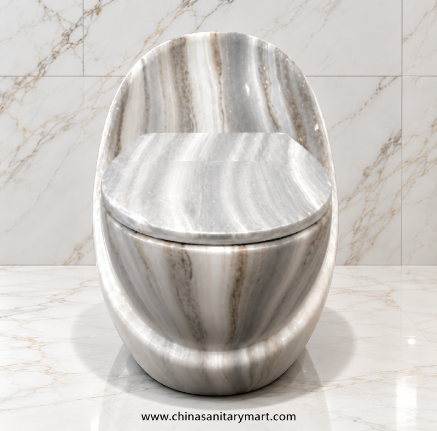 IS-T406D Unique Marble Shed Egg Shape Commode with premium grey and white marble finish, luxury one-piece ceramic floor-mounted toilet featuring a soft close white seat for modern designer bathrooms by China Sanitary Mart.