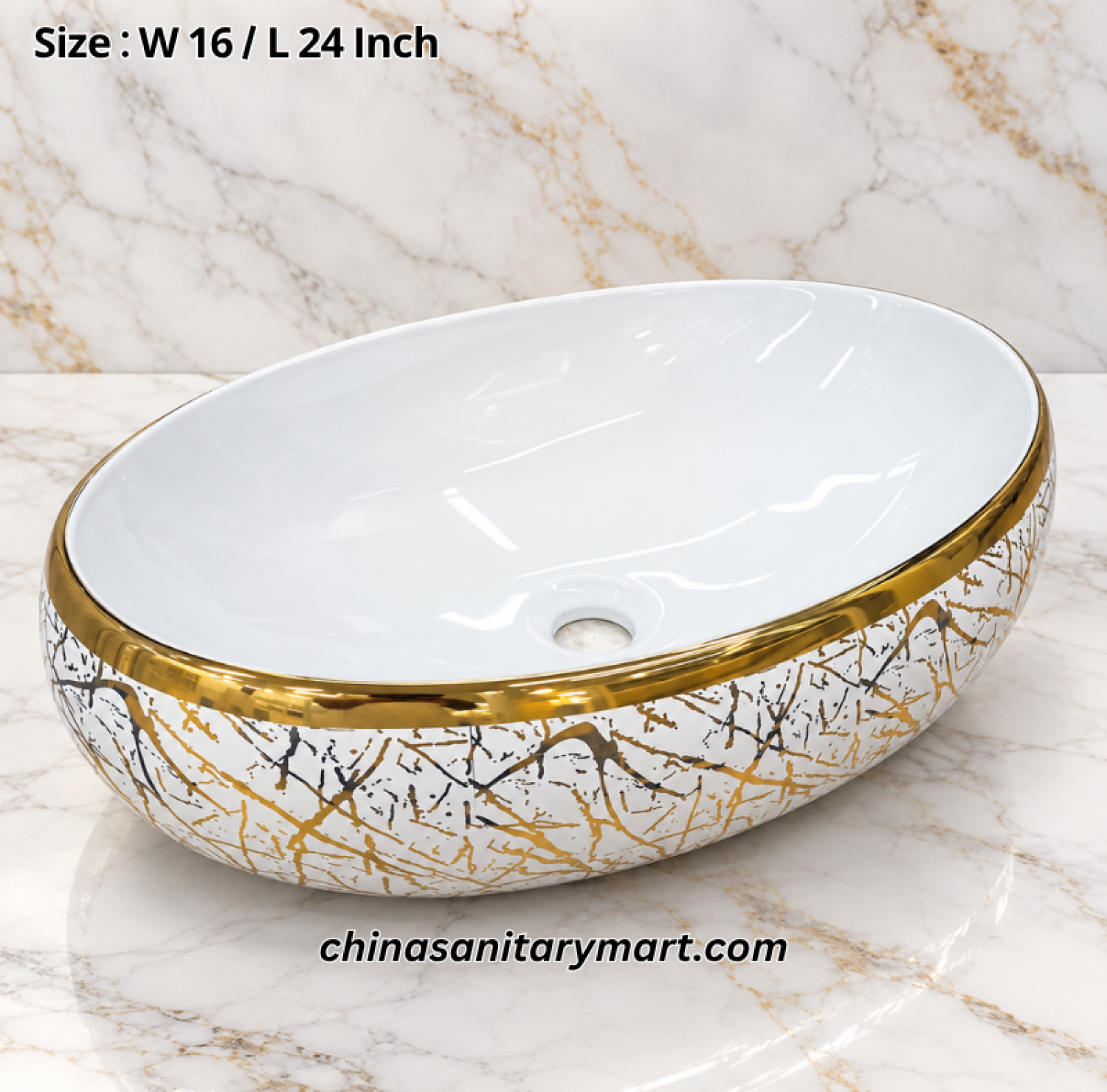 B1266-381 white golden oval top basin, 16x24 inch countertop wash basin, white basin with gold rim, gold and dark marble pattern basin, luxury oval bathroom basin