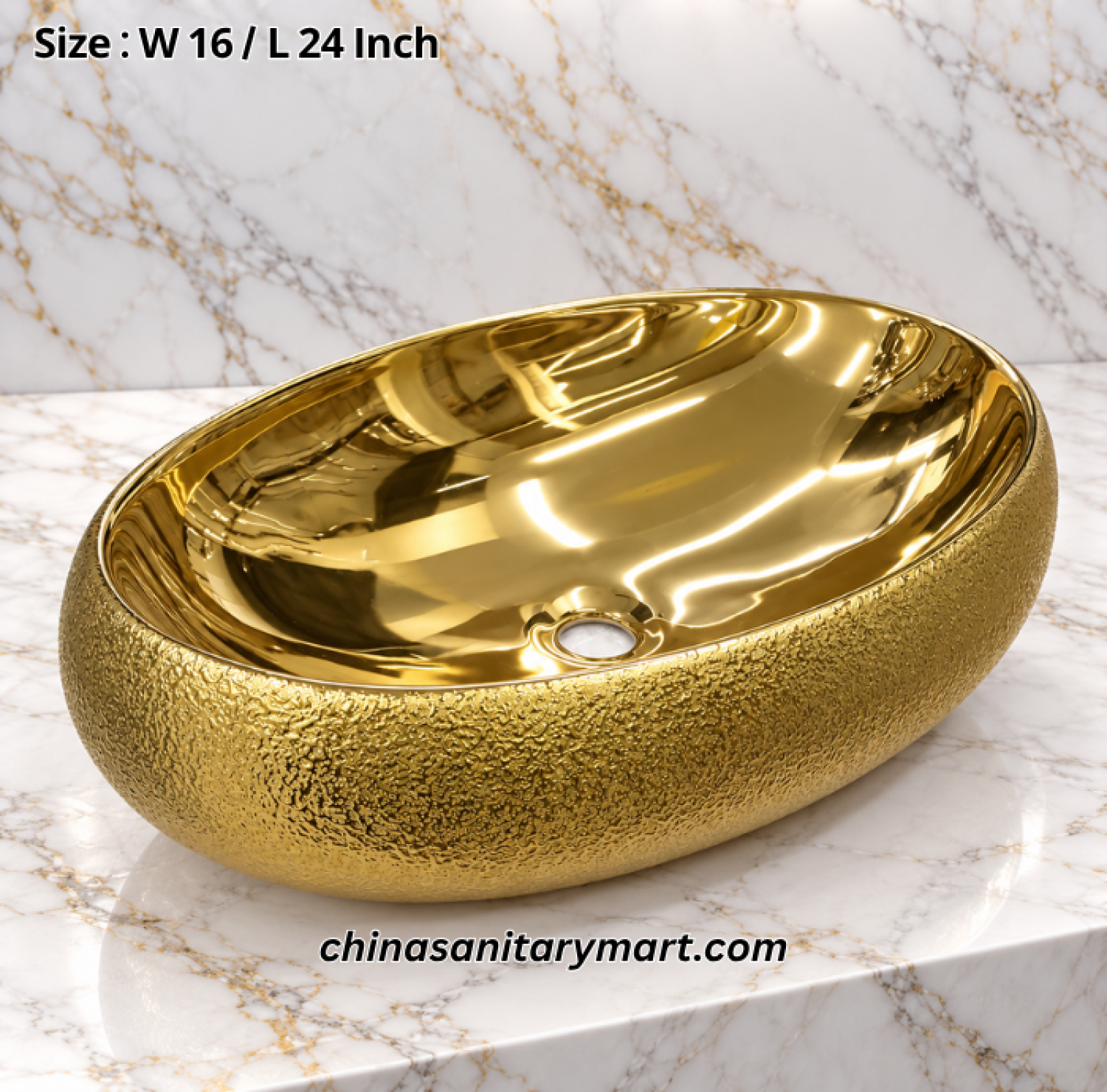 16x24 inch full golden top basin, oval golden countertop wash basin, textured gold bathroom basin, luxury golden washbasin, reflective gold top basin, designer bathroom basin Bangladesh