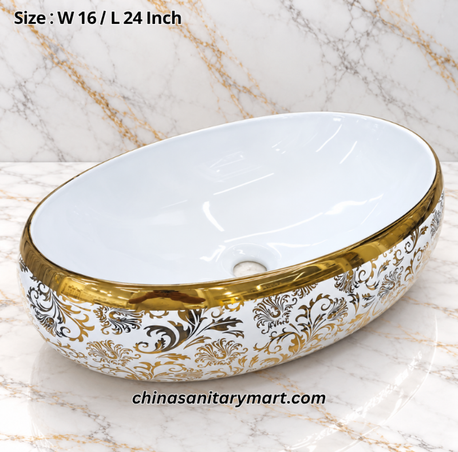 B1266-211-E01 white golden oval top basin, 16x24 inch decorative wash basin, white basin with gold rim, gold and black ornamental basin, luxury countertop bathroom basin