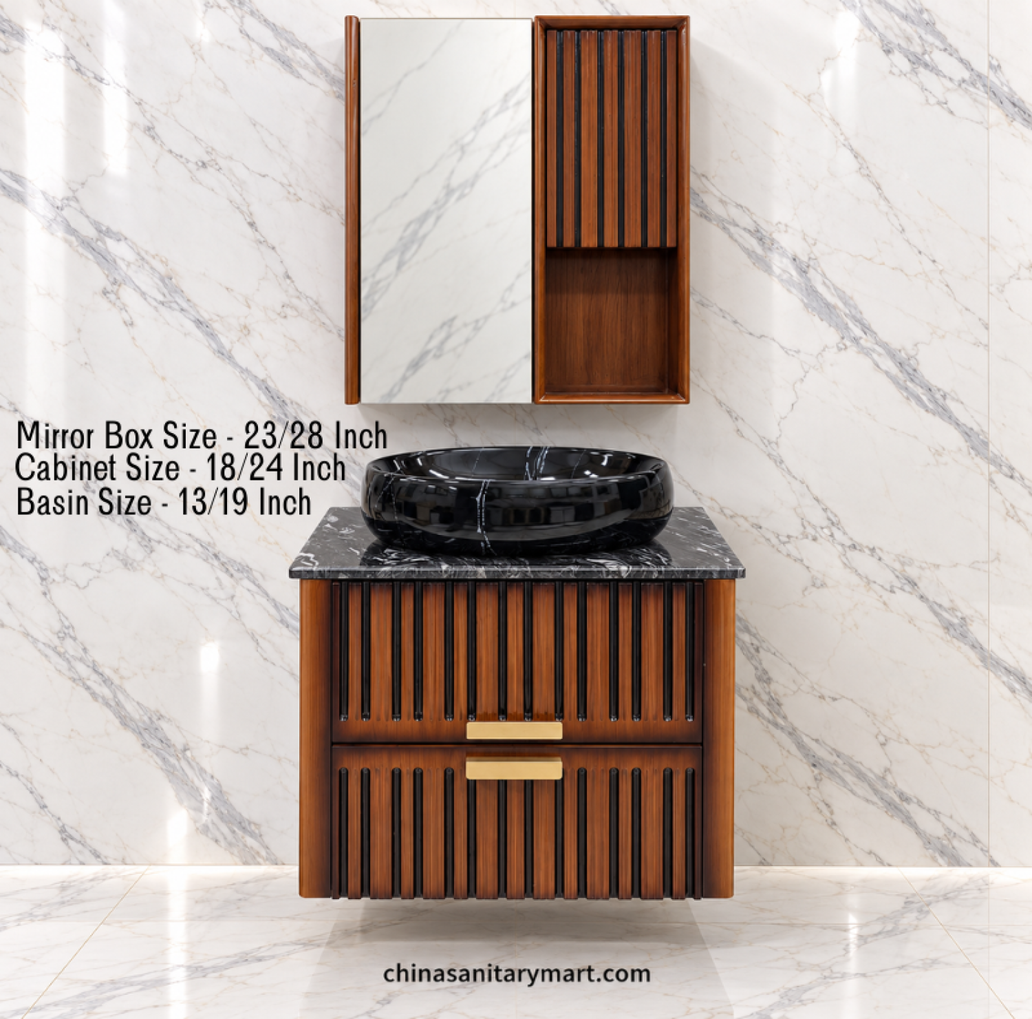 18x24 inch wooden texture bathroom cabinet with black marble shed Counter Basin, 13x19 inch black oval basin, 23x28 inch mirror box, brown wooden vanity set, bathroom cabinet with mirror and storage