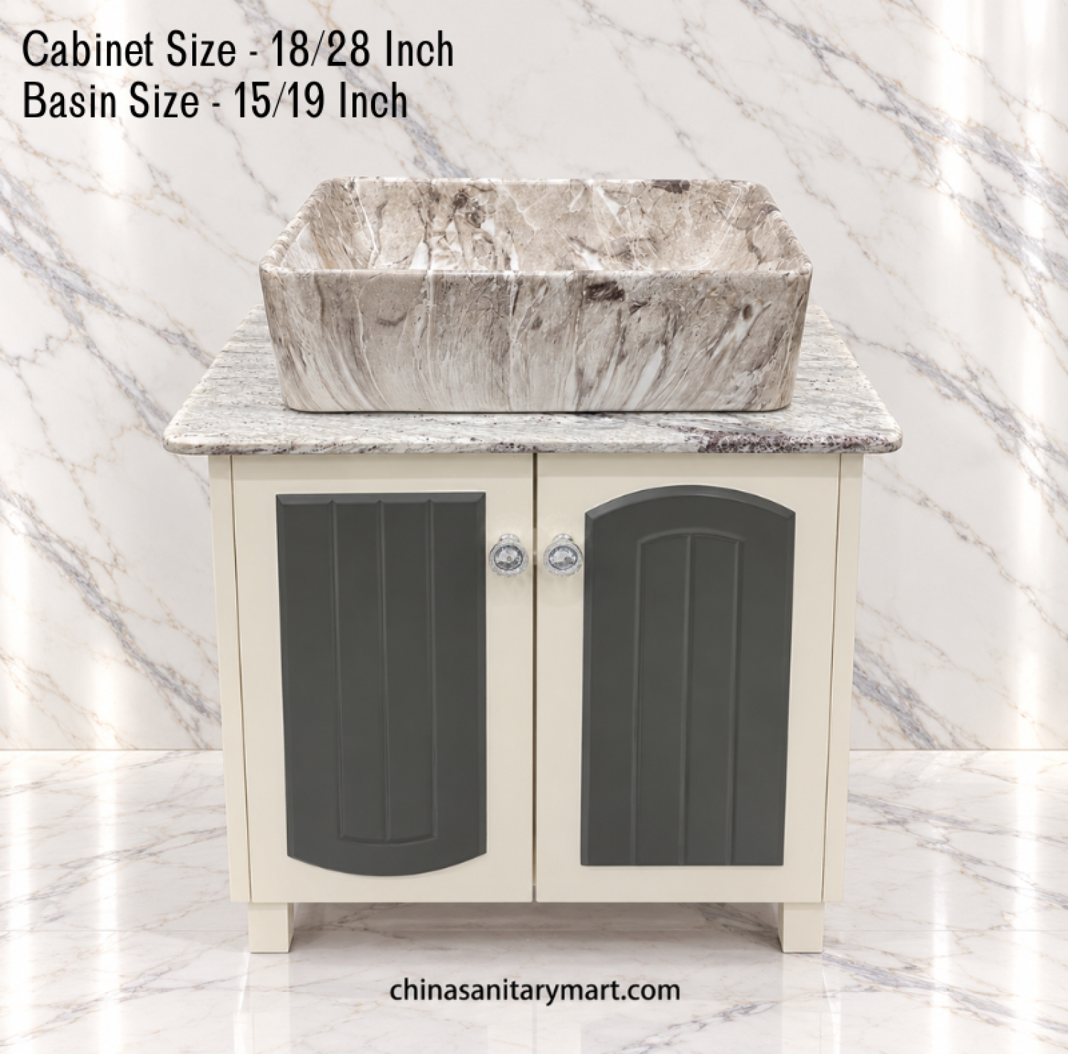 18x28 inch off-white bathroom cabinet with grey marble shed Counter Basin, 15x19 inch rectangular Counter Basin, off-white vanity cabinet with dark grey doors, grey marble countertop bathroom vanity, customizable bathroom cabinet