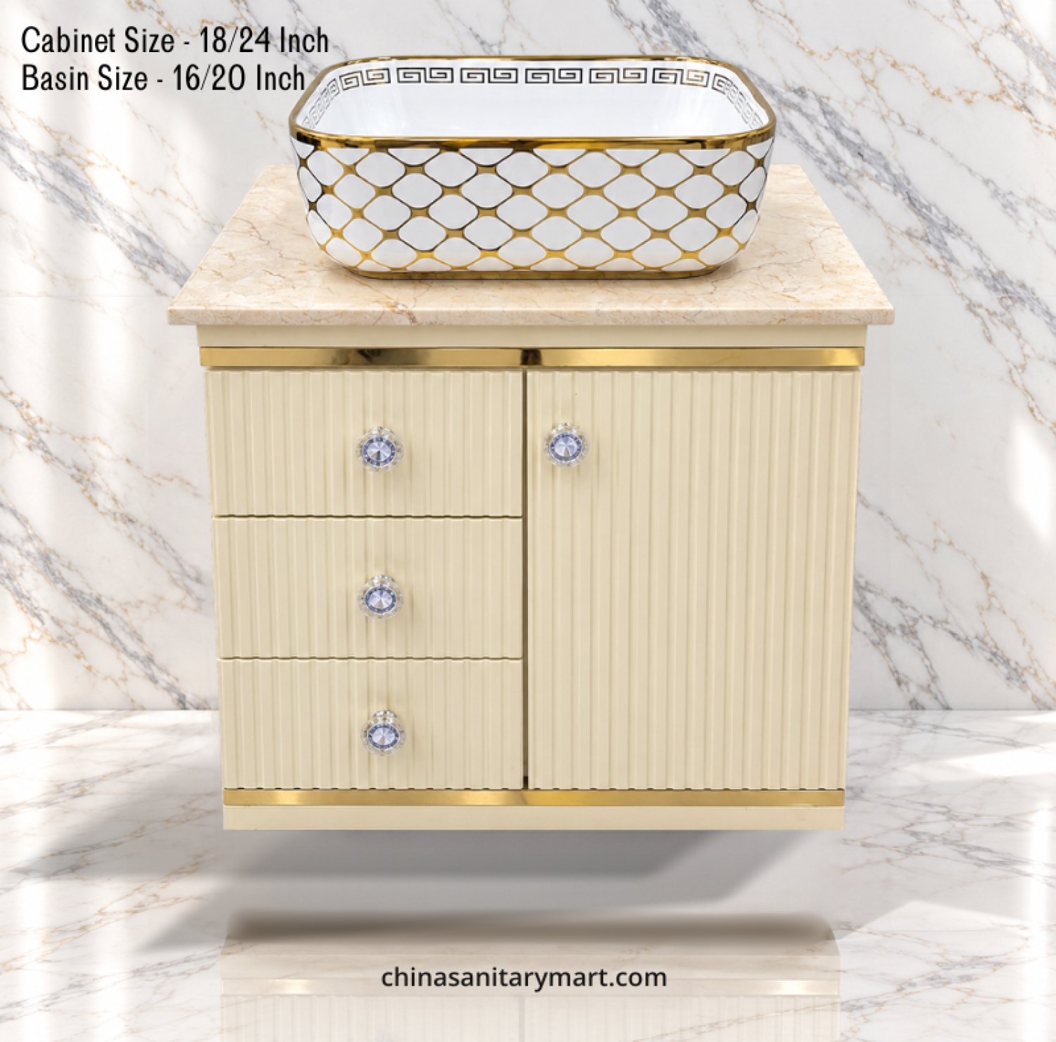 18x24 inch off-white bathroom cabinet with white golden Counter Basin, 16x20 inch white basin with gold geometric pattern, off-white vanity cabinet with drawers, bathroom cabinet with golden accents, customizable bathroom vanity set