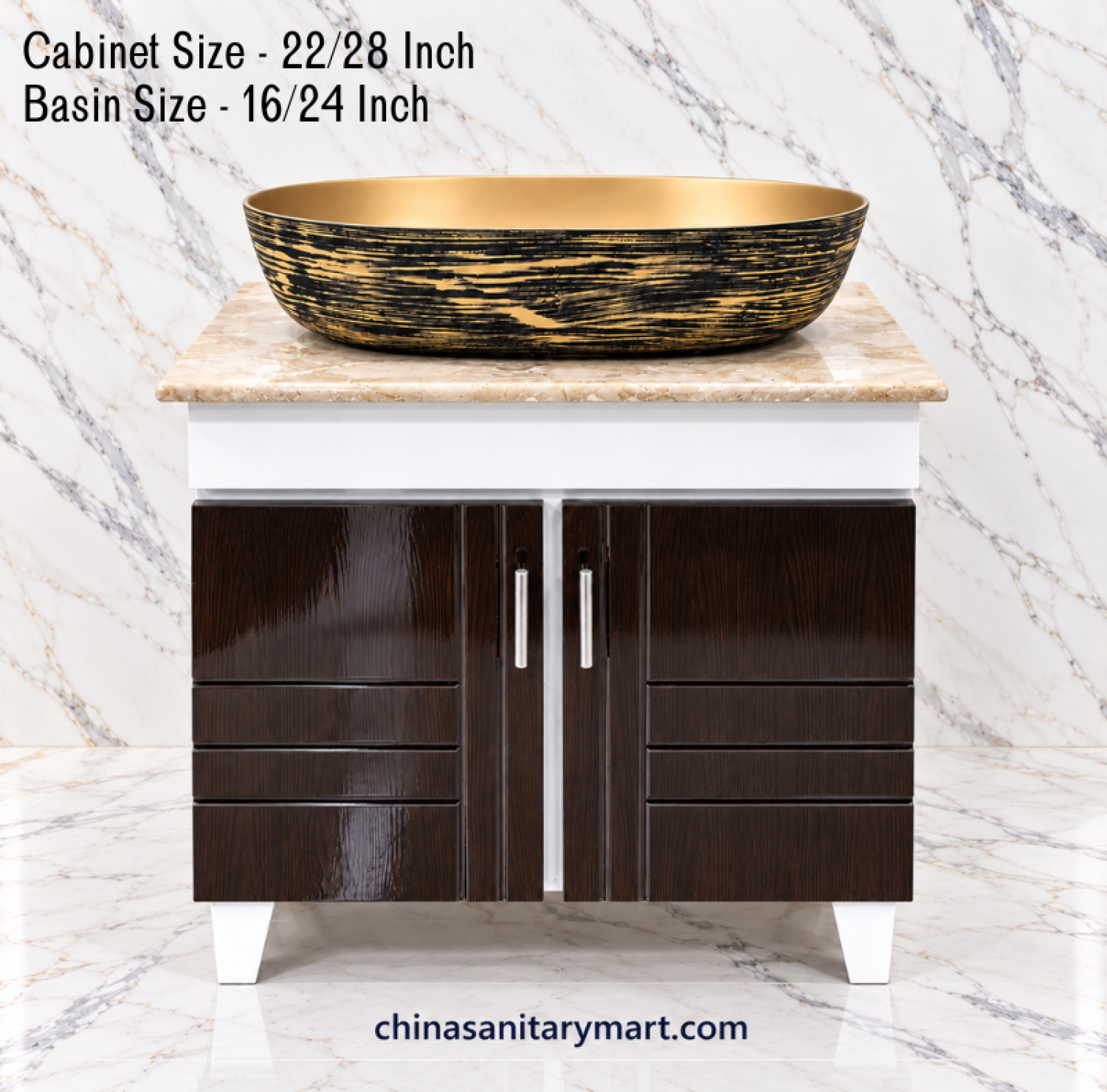 22x28 inch wooden bathroom cabinet with black golden Counter Basin, 16x24 inch black and gold oval basin, dark brown vanity cabinet with drawers, bathroom cabinet with golden patterned basin, customizable bathroom vanity set