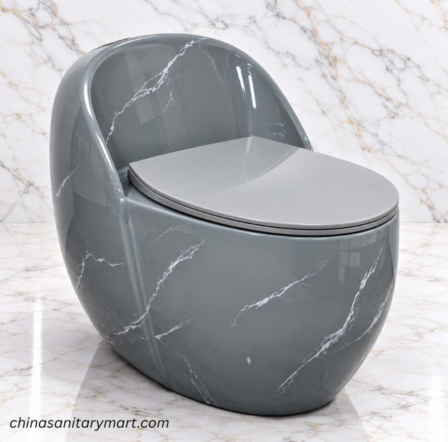 Ori-70990GM grey marble shed egg shape commode, glossy grey toilet with white marble veining, modern egg shape commode, grey matching seat cover toilet, designer bathroom commode Bangladesh